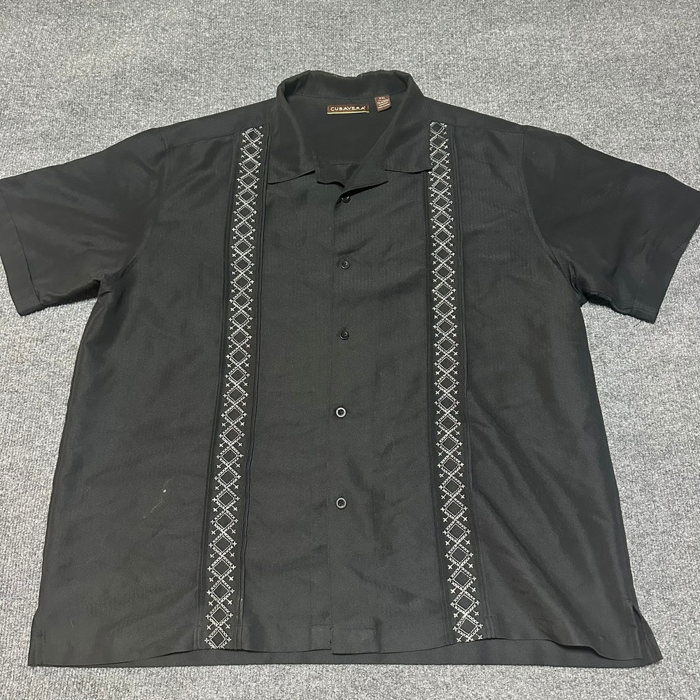 Cubavera Mens Black Short Sleeve Embroidered Guayabera Camp Shirt XXL 0117